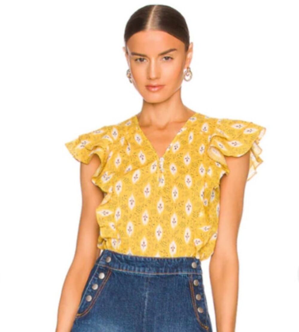 Veronica Beard Joi top yellow floral print flutter sleeves silk cotton size 10